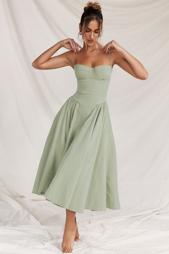 Women’s Midi Dress with Shoulder Straps and Side Pockets