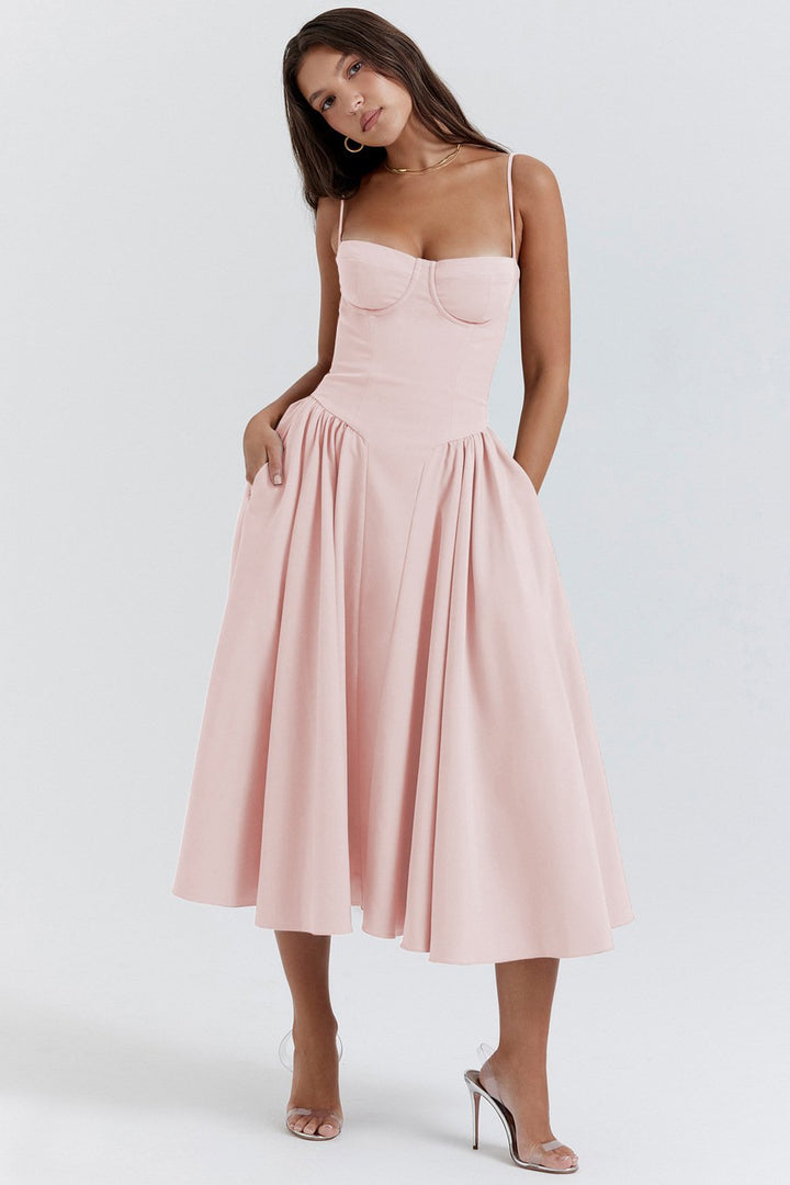 Women’s Midi Dress with Shoulder Straps and Side Pockets