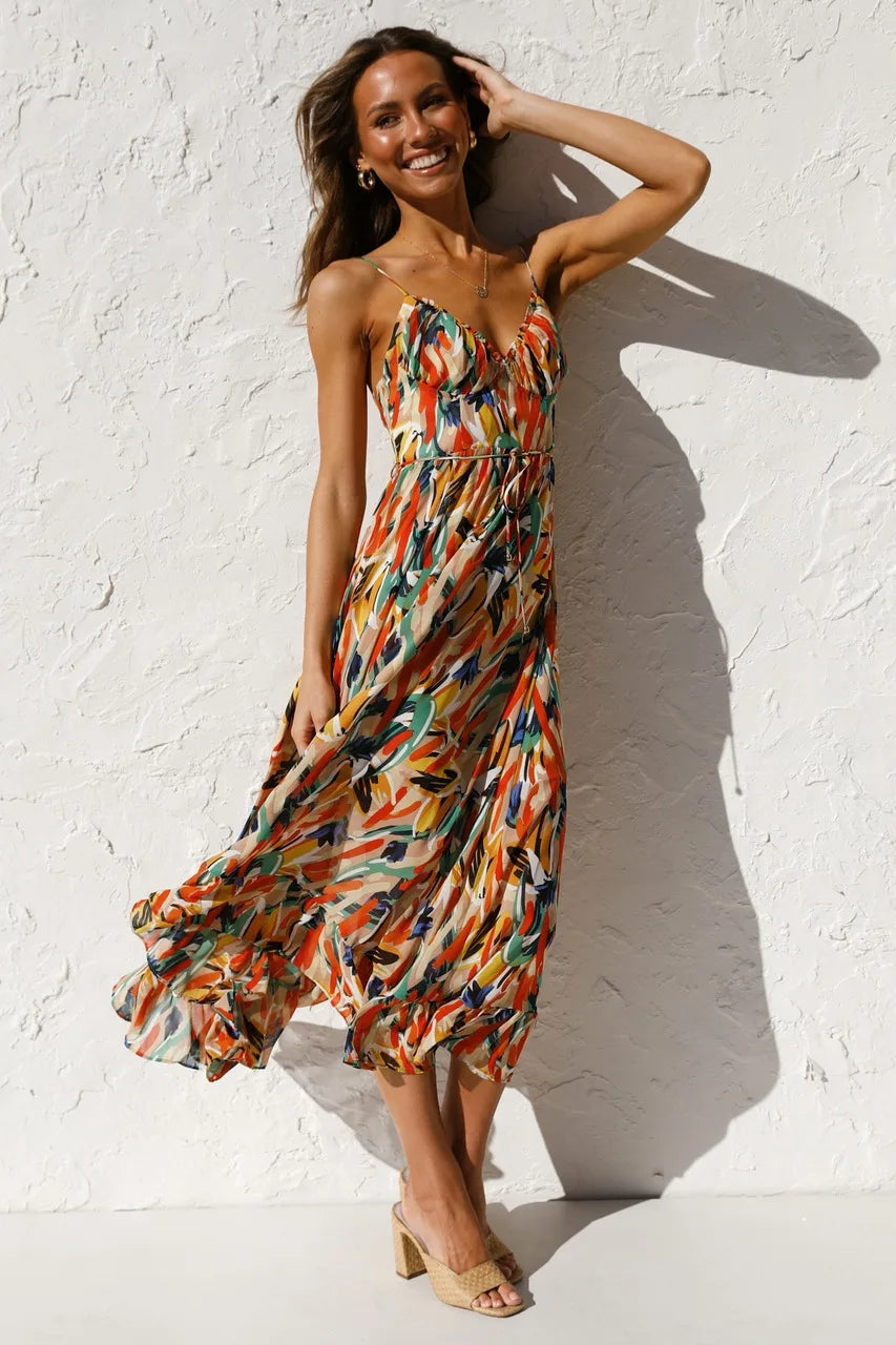 Women’s Midi Dress with Spaghetti Straps and Ruffle Hem
