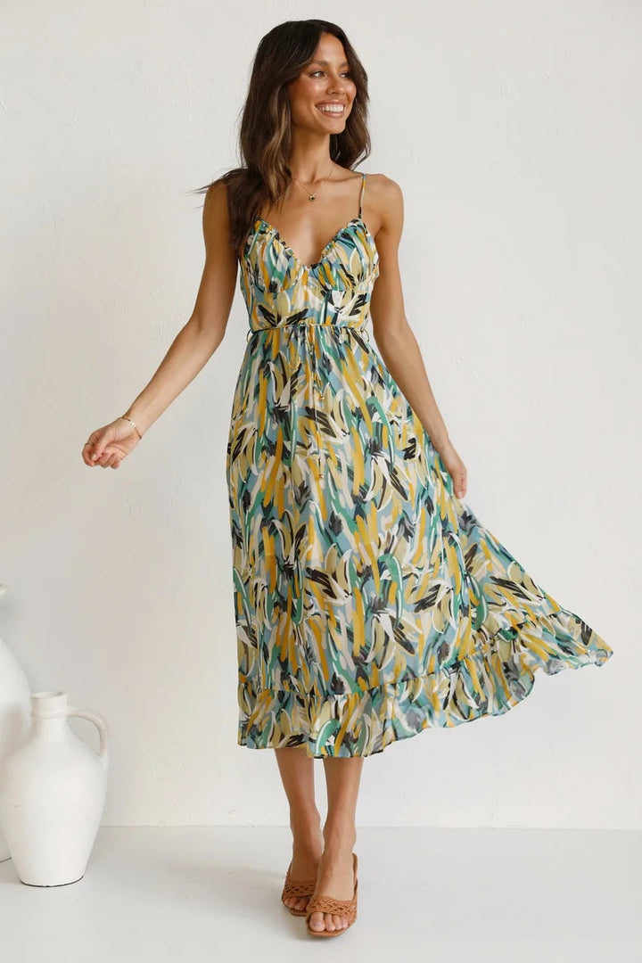 Women’s Midi Dress with Spaghetti Straps and Ruffle Hem