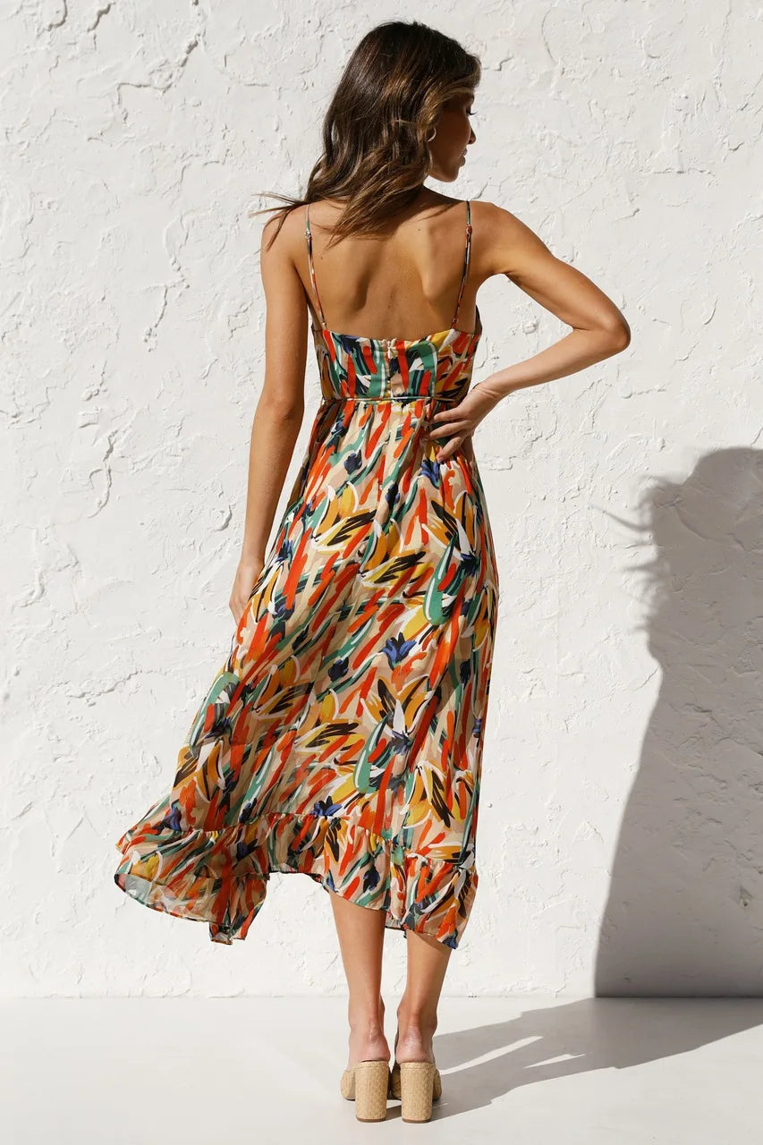 Women’s Midi Dress with Spaghetti Straps and Ruffle Hem