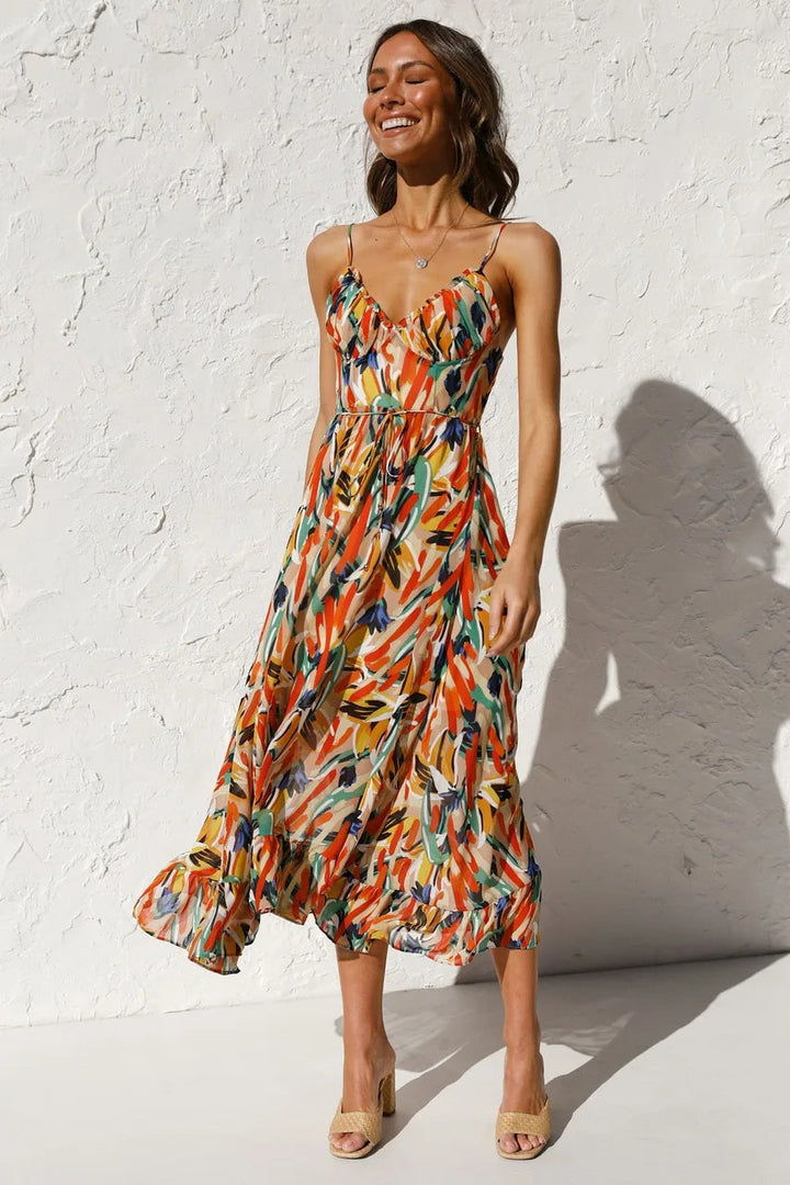 Women’s Midi Dress with Spaghetti Straps and Ruffle Hem