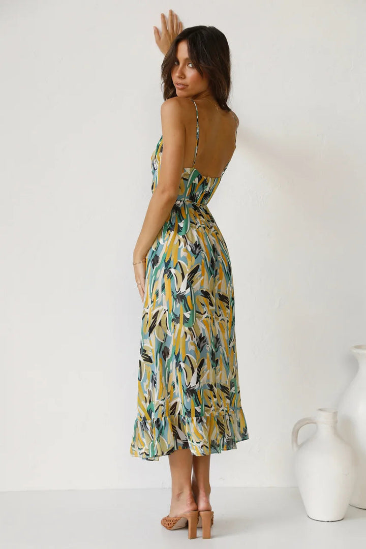 Women’s Midi Dress with Spaghetti Straps and Ruffle Hem