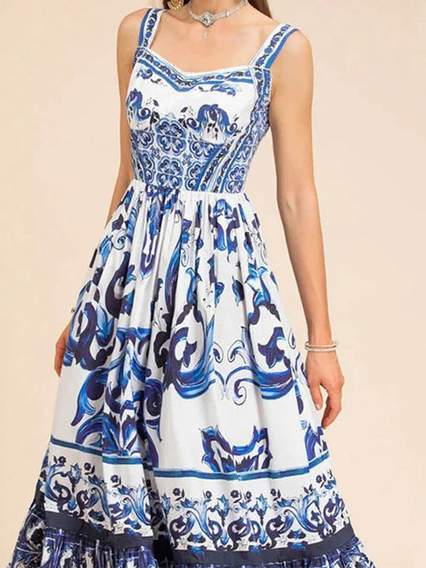 Women’s Midi Dress with Square Neckline and Tiered Skirt