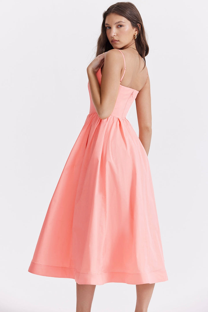 Women’s Midi Dress with Straight Neckline and Spaghetti Straps