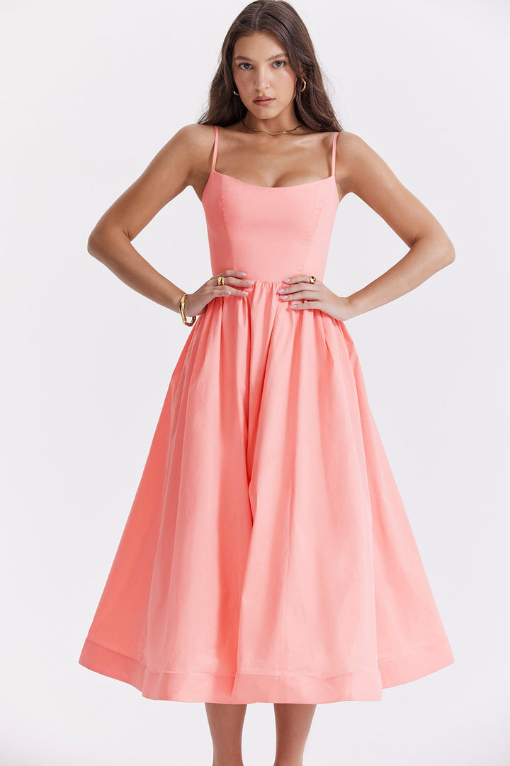 Women’s Midi Dress with Straight Neckline and Spaghetti Straps