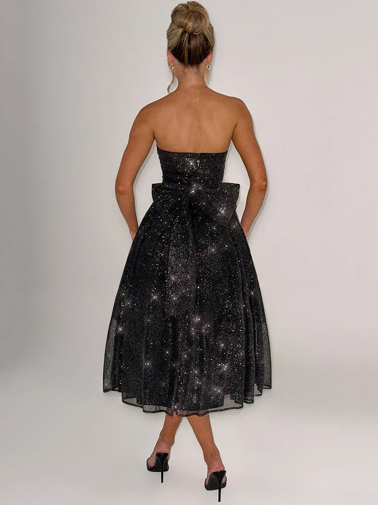 Women’s Midi Dress with Strapless Neckline and Waist Bow