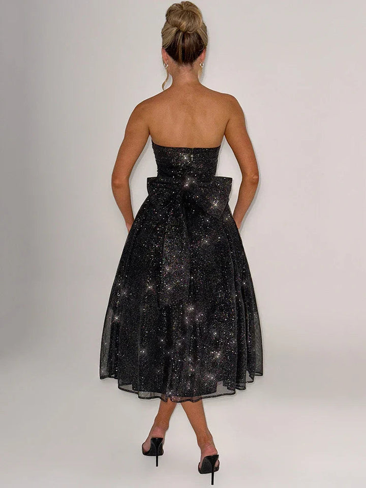 Women’s Midi Dress with Strapless Neckline and Waist Bow