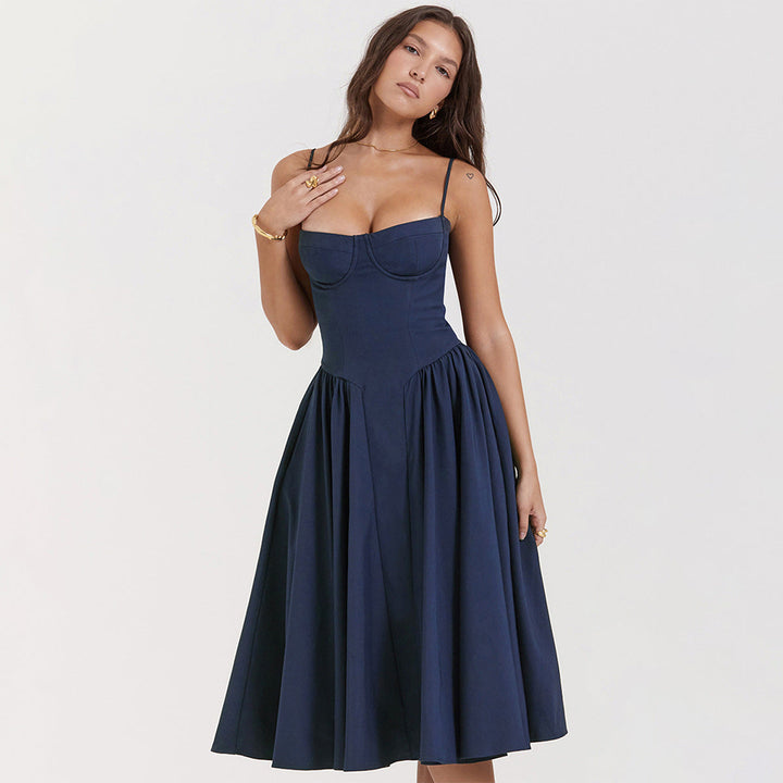 Women’s Midi Dress with Sweetheart Neckline and Thin Shoulder Straps