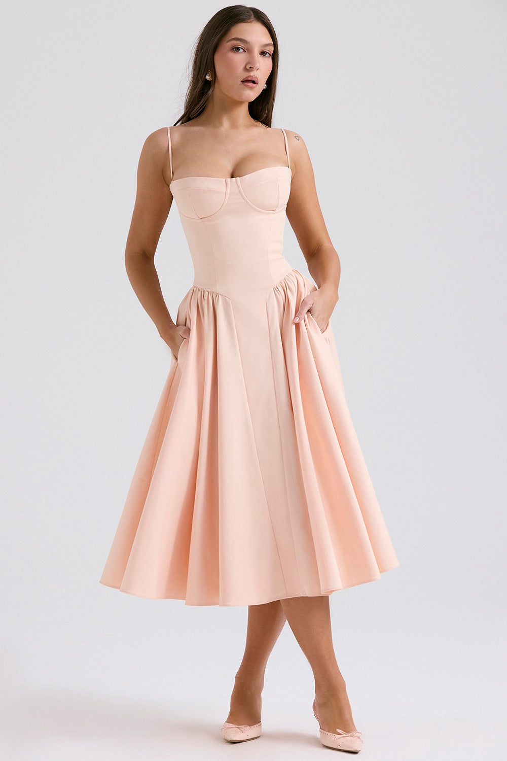 Women’s Midi Dress with Sweetheart Neckline and Thin Shoulder Straps