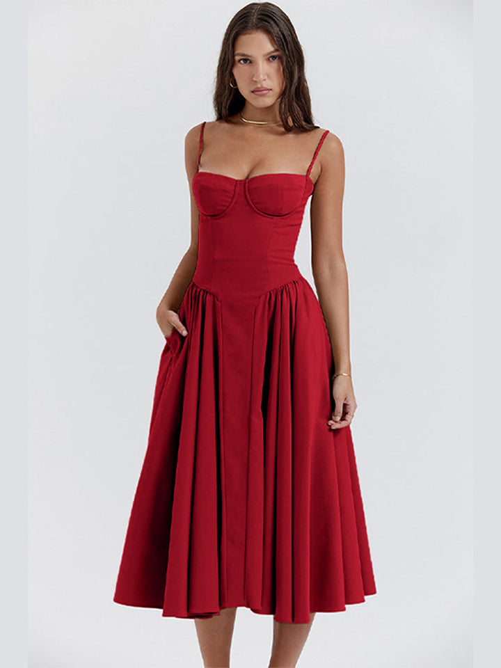 Women’s Midi Dress with Sweetheart Neckline and Thin Shoulder Straps