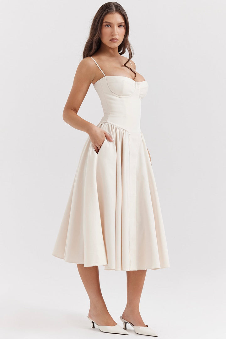 Women’s Midi Dress with Sweetheart Neckline and Thin Shoulder Straps
