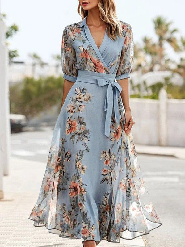 Women’s Midi Dress with V-Neck and 3/4 Sleeves