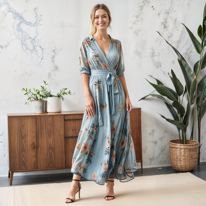 Women’s Midi Dress with V-Neck and 3/4 Sleeves