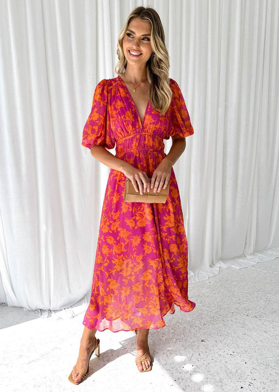 Women’s Midi Dress with V-Neckline and Long