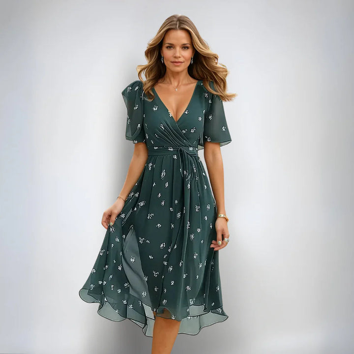Women’s Midi Dress with V-Neckline and Short Sleeves