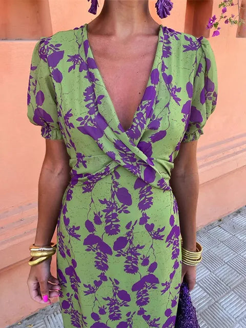 Women’s Midi Dress with V-Neckline and Short Sleeves