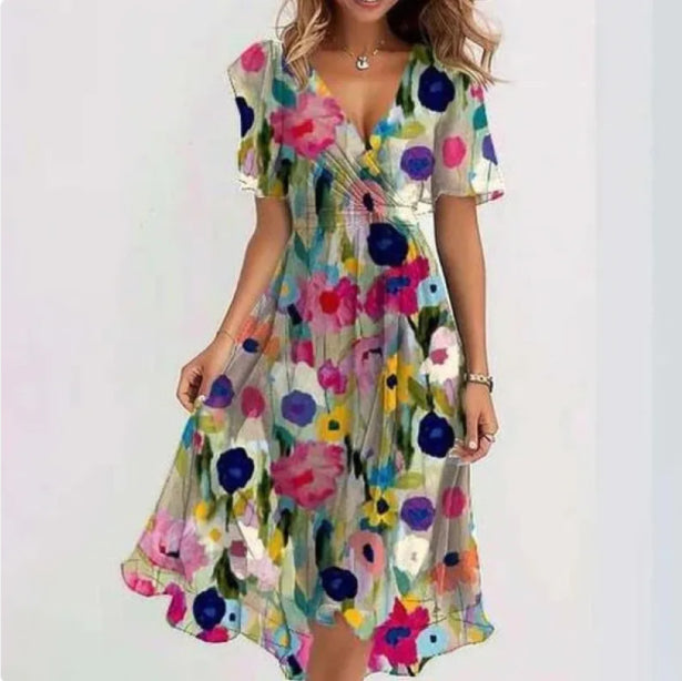 Women’s Midi Dress with V-Neckline and Short Sleeves
