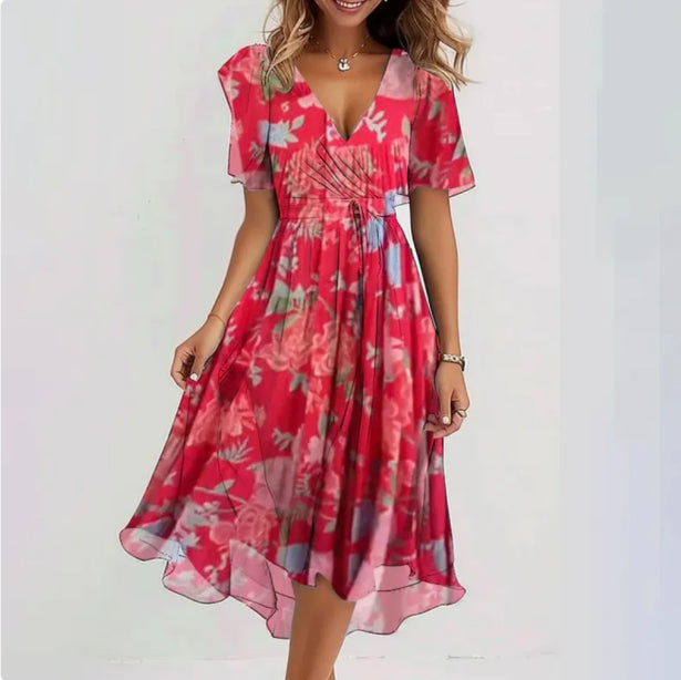 Women’s Midi Dress with V-Neckline and Short Sleeves