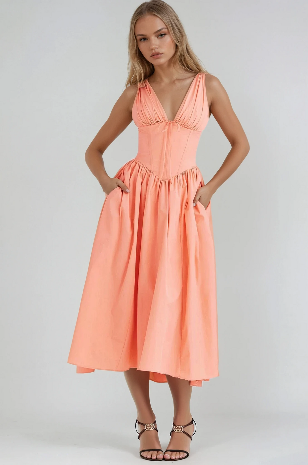 Women’s Midi Dress with V-Neckline and Side Pockets