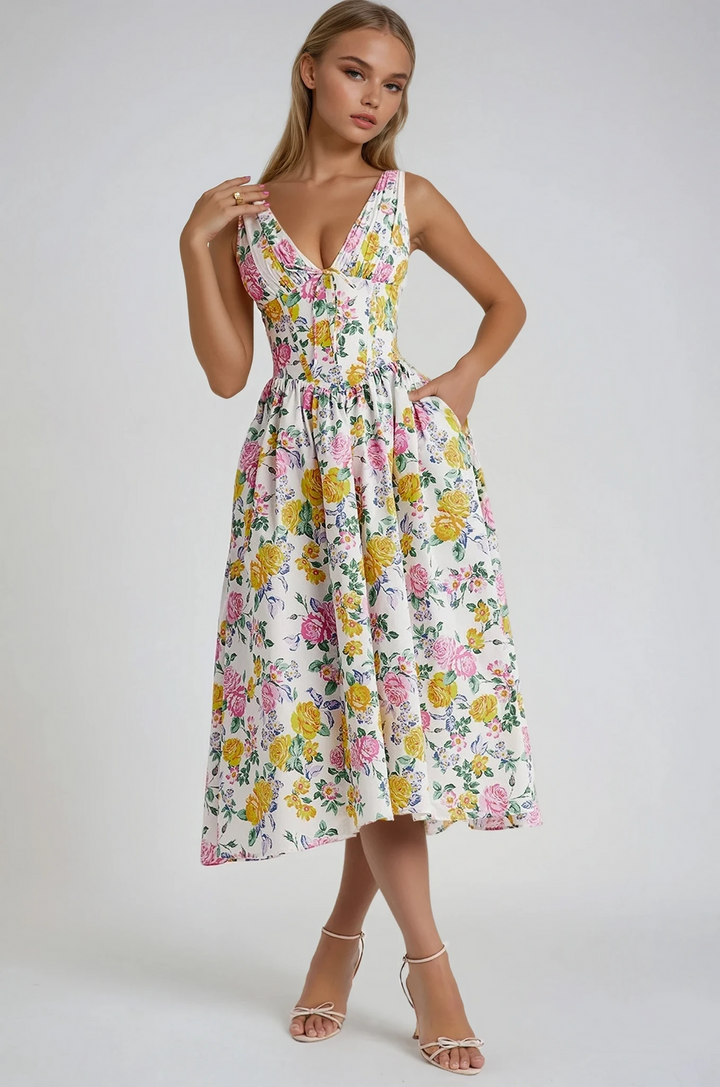 Women’s Midi Dress with V-Neckline and Side Pockets
