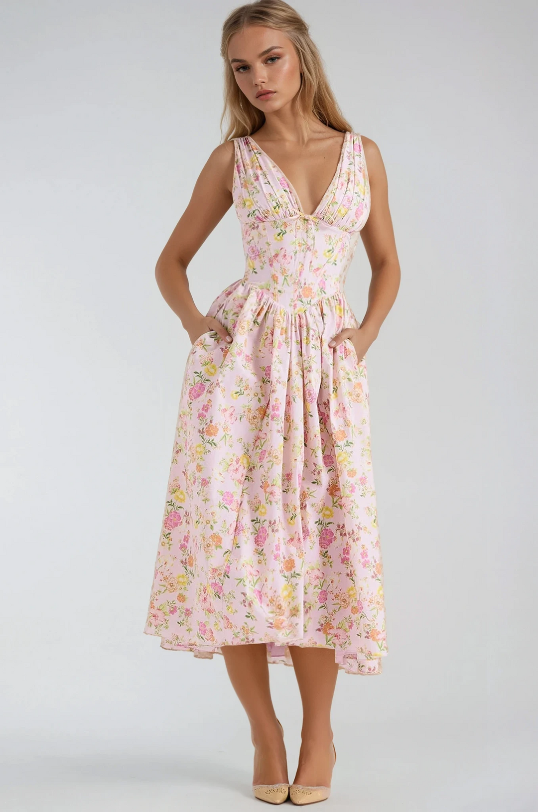 Women’s Midi Dress with V-Neckline and Side Pockets