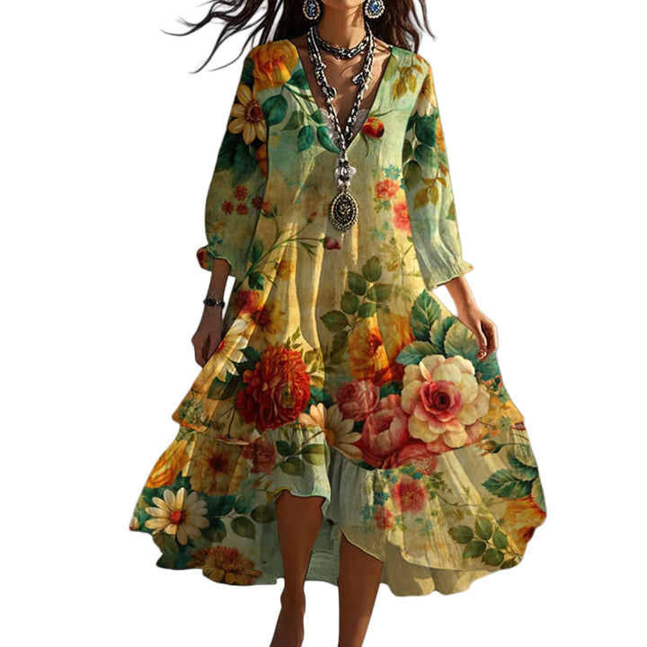 Women’s Midi Dress with V-Neckline and Three-Quarter Sleeves