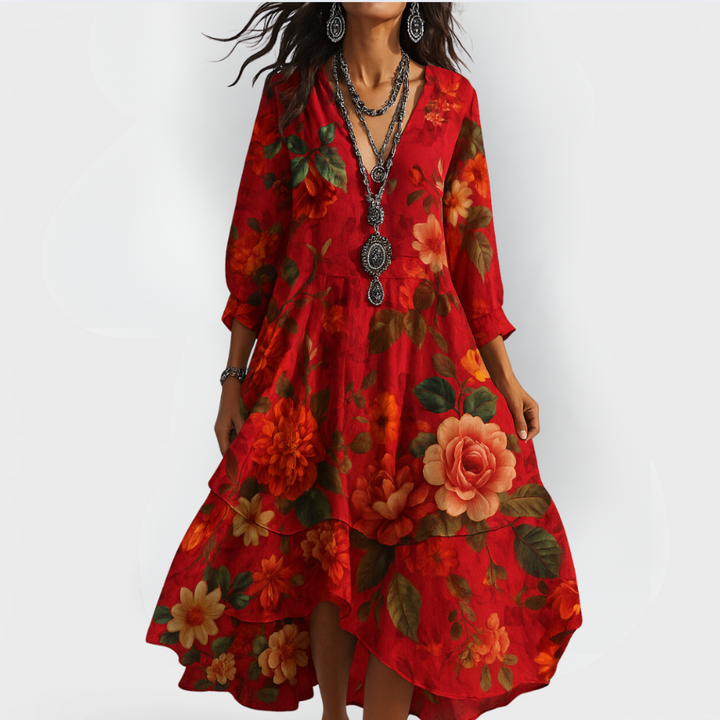 Women’s Midi Dress with V-Neckline and Three-Quarter Sleeves