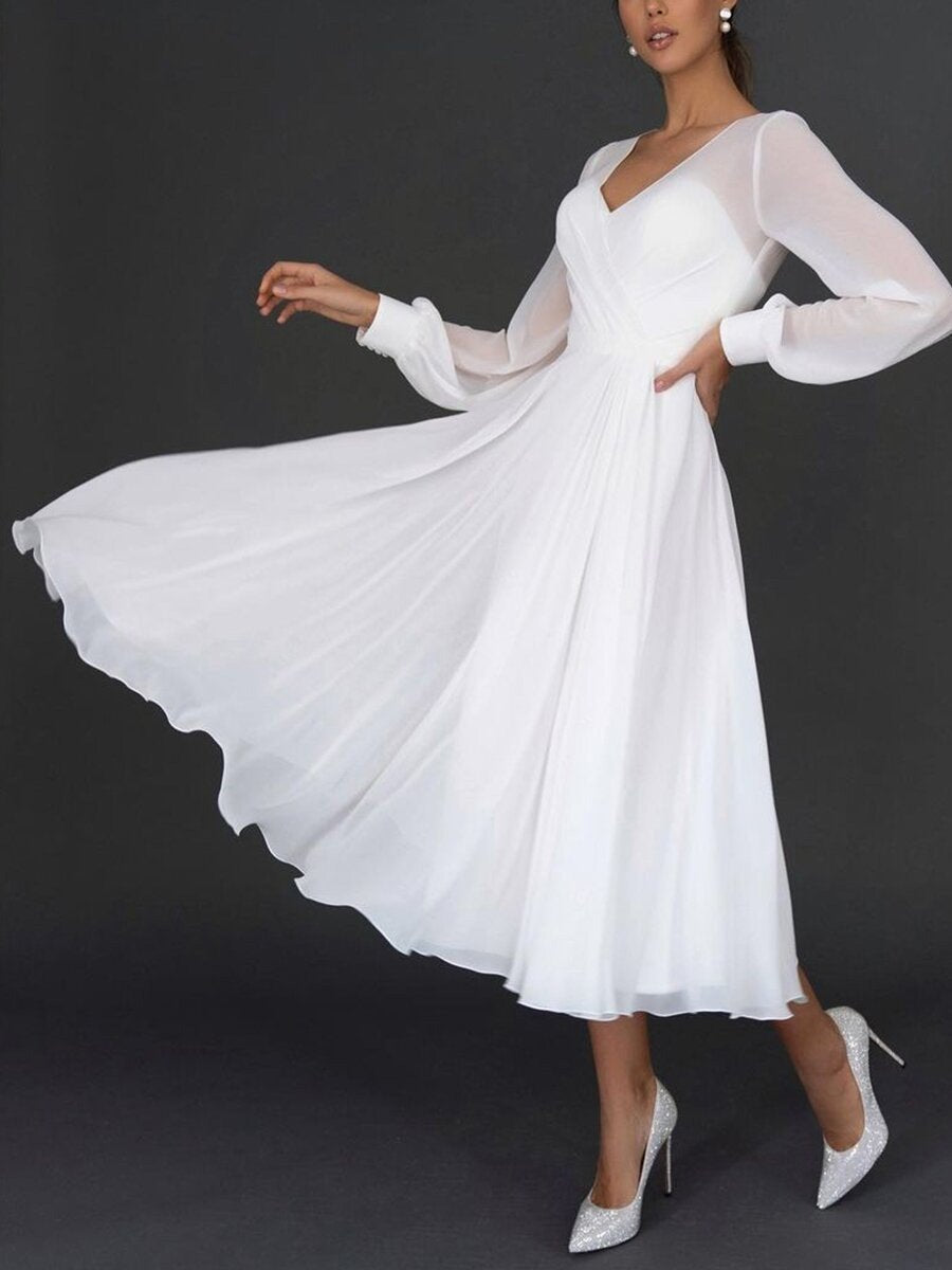 Women’s Midi Dress with V Neckline and Long Sleeves