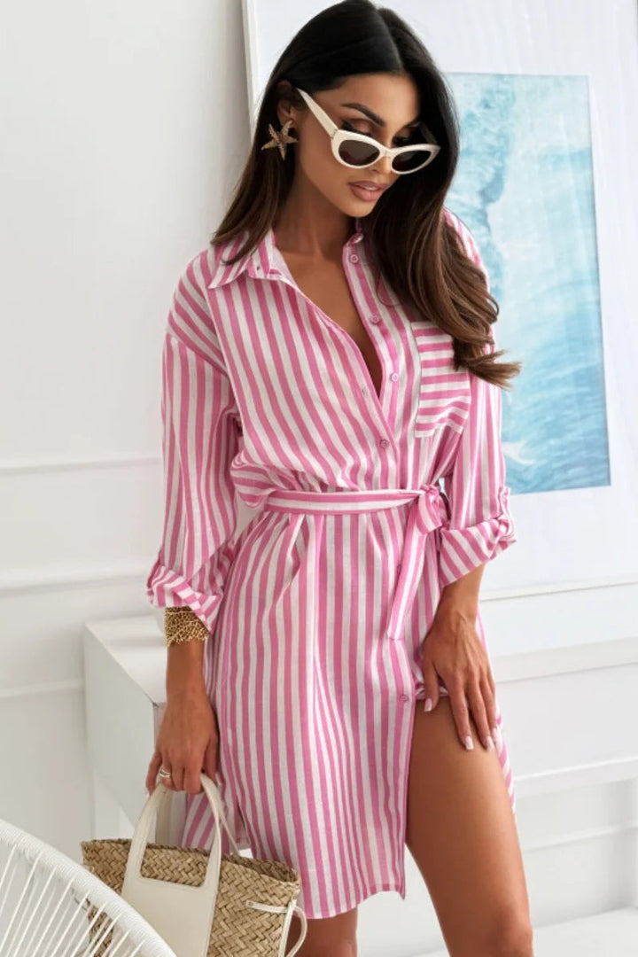 Women’s Midi Shirt Dress with Front Button Closure