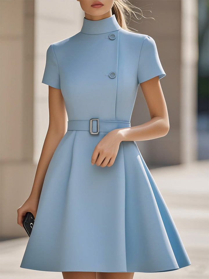 Women’s Mini Dress with High Neck and Waist Belt