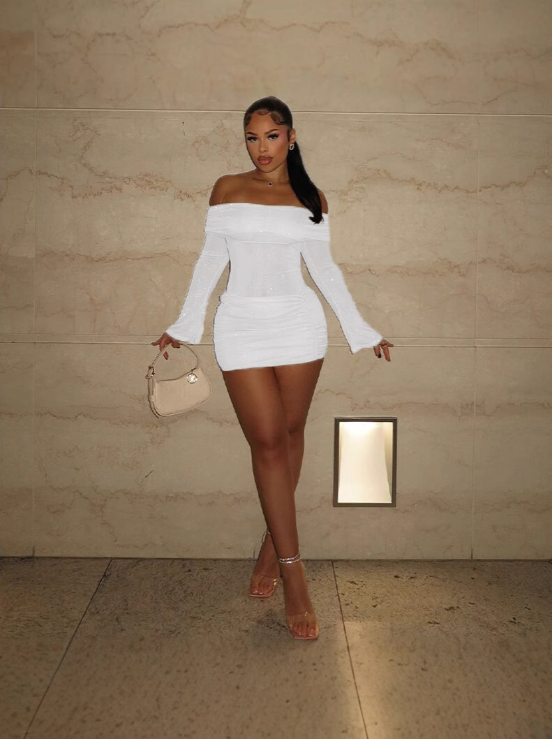 Women’s Mini Dress with Off-Shoulder Neckline and Long Sleeves
