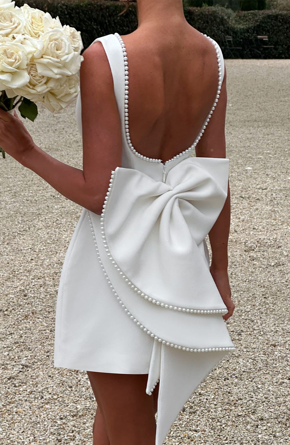 Women’s Mini Dress with Pearl Trim and Back Bow