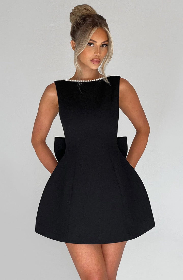Women’s Mini Dress with Pearl Trim and Back Bow