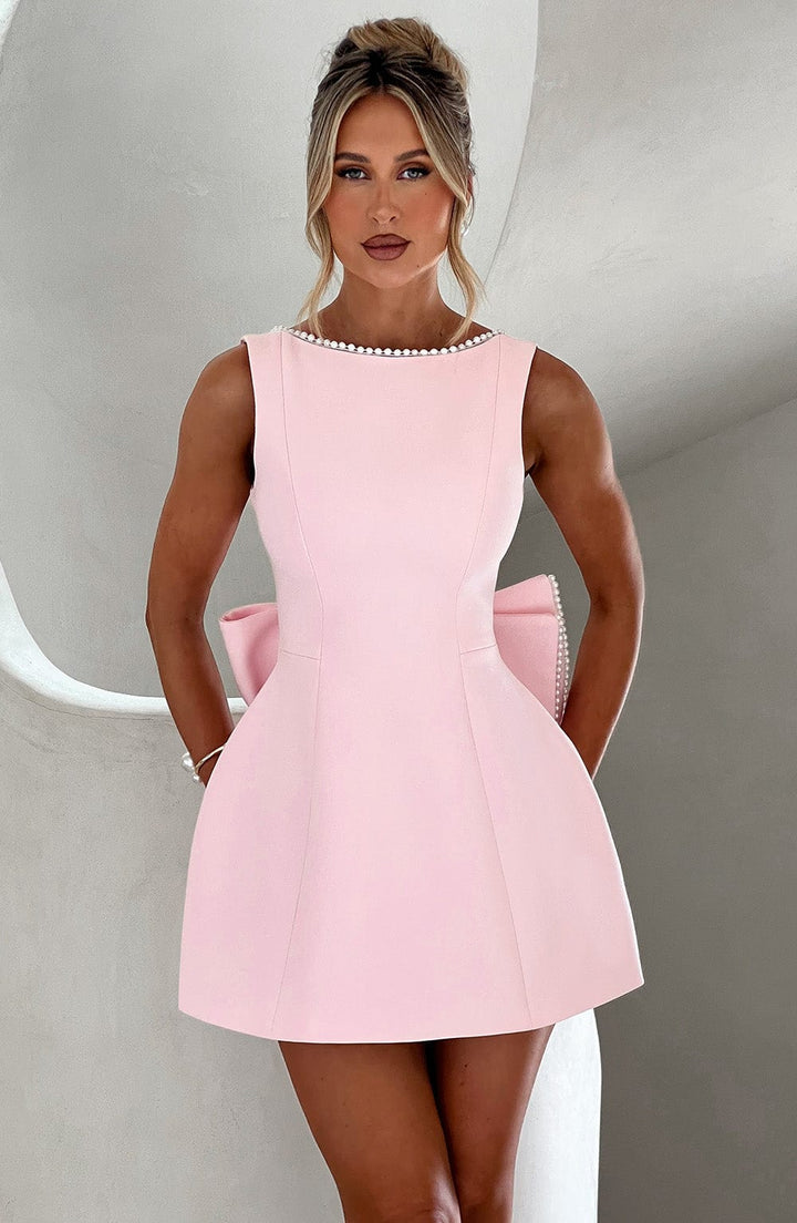 Women’s Mini Dress with Pearl Trim and Back Bow
