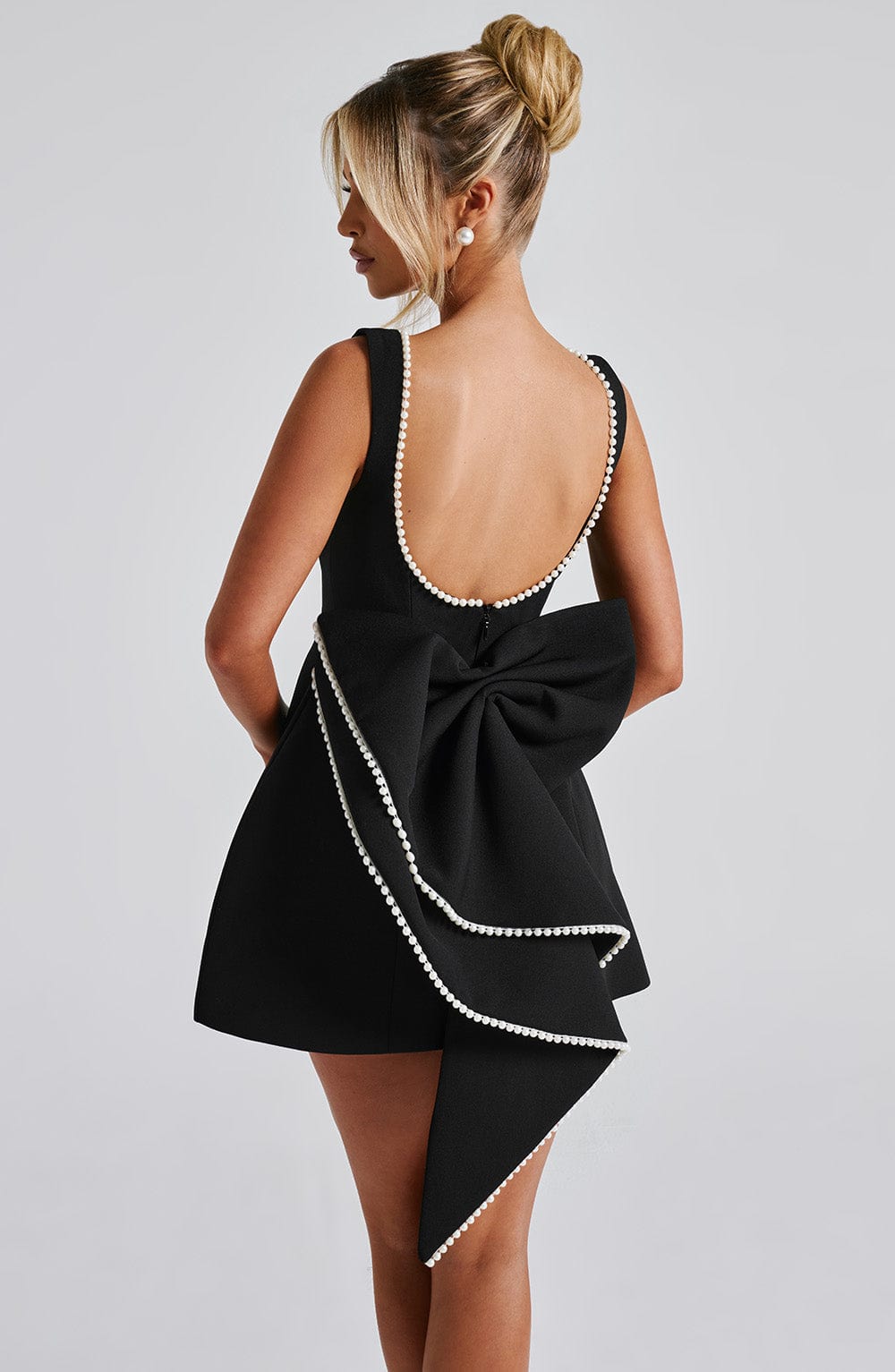Women’s Mini Dress with Pearl Trim and Back Bow