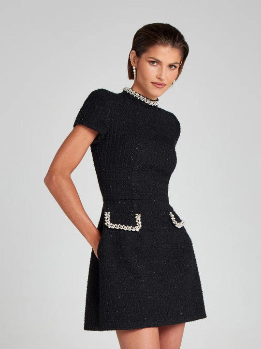 Women’s Mini Dress with Pearl Trim and Front Pockets