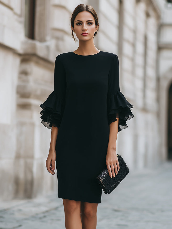 Women’s Mini Dress with Round Neckline and Tiered Sleeves