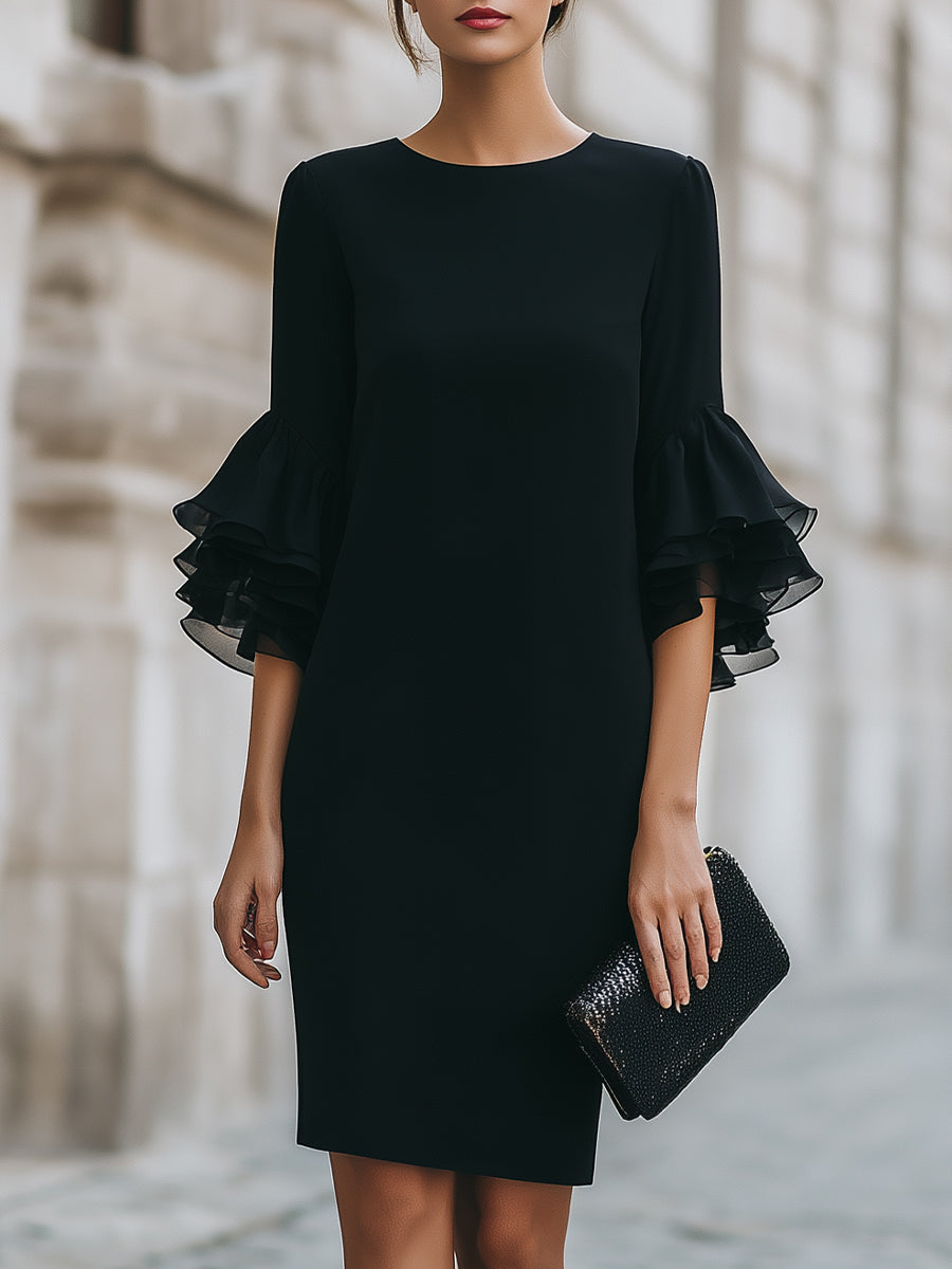 Women’s Mini Dress with Round Neckline and Tiered Sleeves
