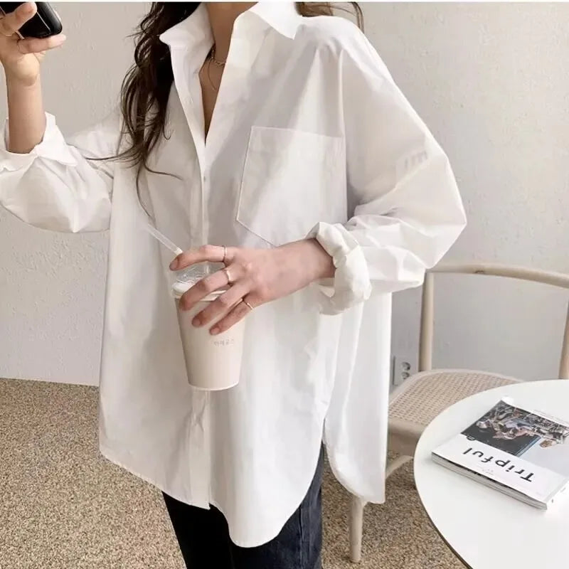 Women’s Oversized Button Down Shirt with Collar and Chest Pocket