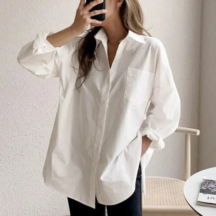 Women’s Oversized Button Down Shirt with Collar and Chest Pocket