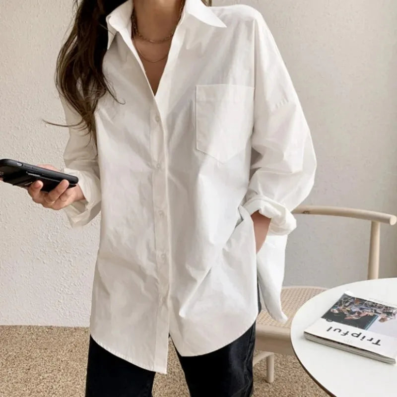 Women’s Oversized Button Down Shirt with Collar and Chest Pocket