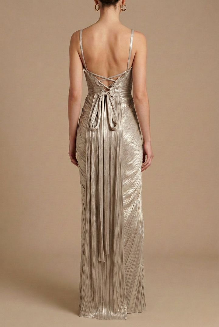 Women’s Pleated Corset Maxi Dress with Structured Bodice