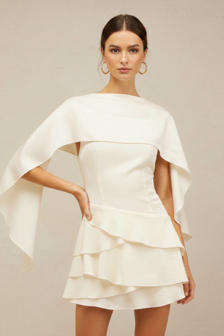 Women’s Ruffled Mini Dress with Draped Shawl Panel