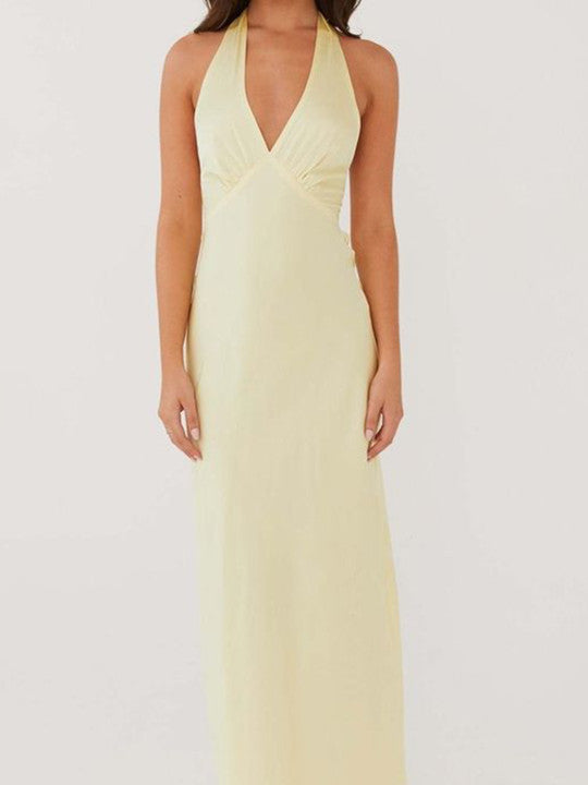 Women’s Satin Maxi Dress with V-Neck and Crisscross Back