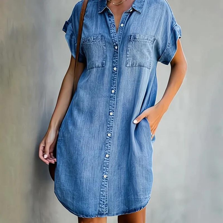 Women’s Shirt Dress with Button Closure and Chest Pockets