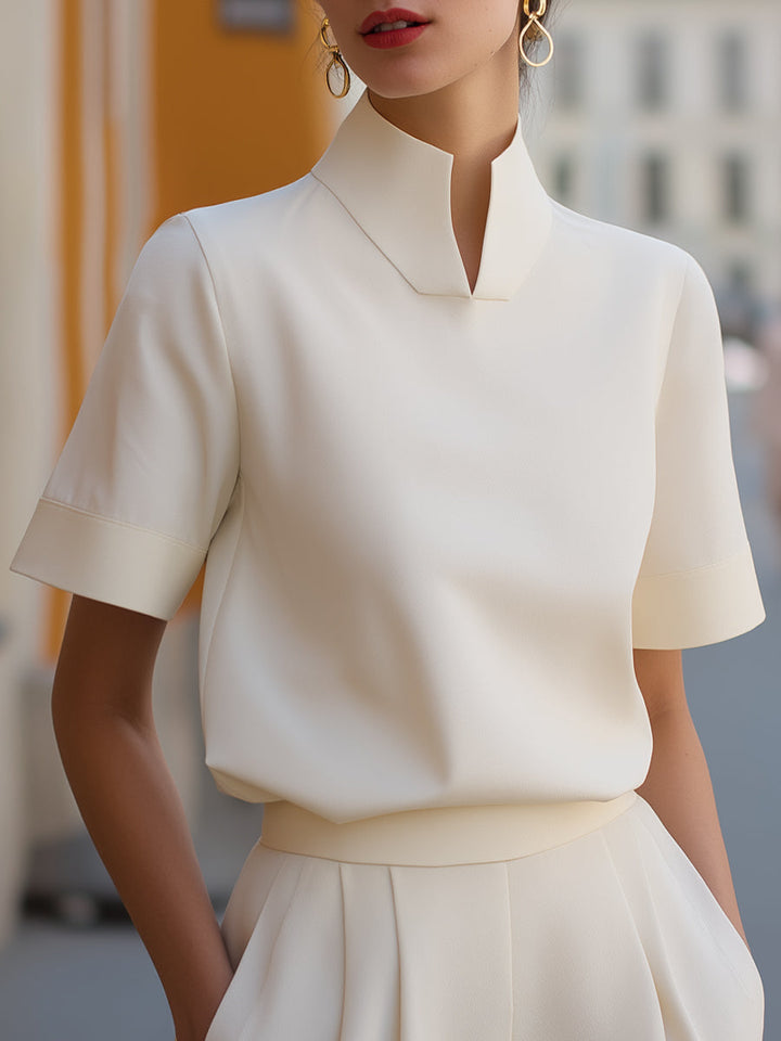 Women’s Shirt and Pants Set with Stand Collar and Chest Flap Pockets