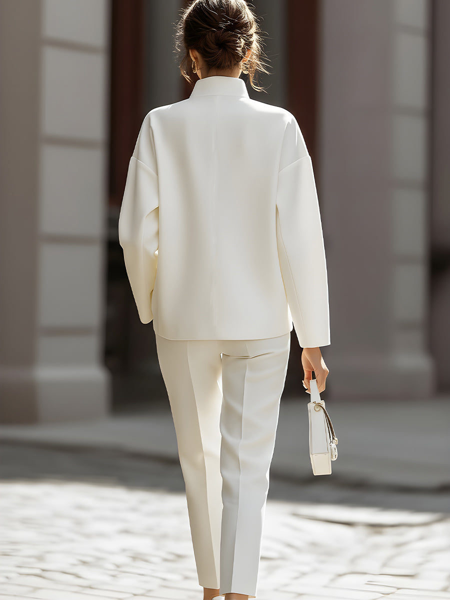 Women’s Shirt and Pants Set with Stand Collar and Chest Flap Pockets
