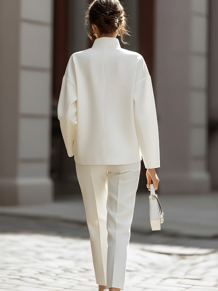 Women’s Shirt and Pants Set with Stand Collar and Chest Flap Pockets