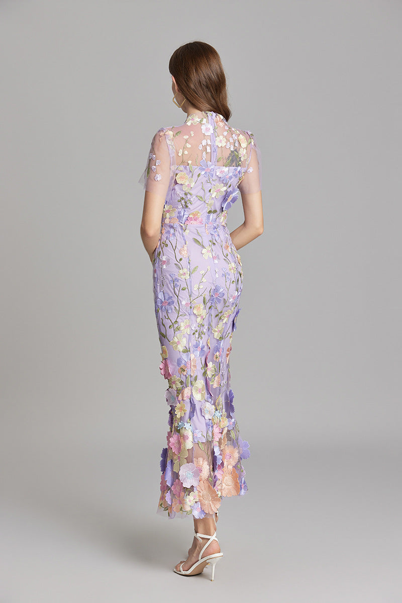 Women’s Short Sleeve Sheer Dress with Floral Embroidery